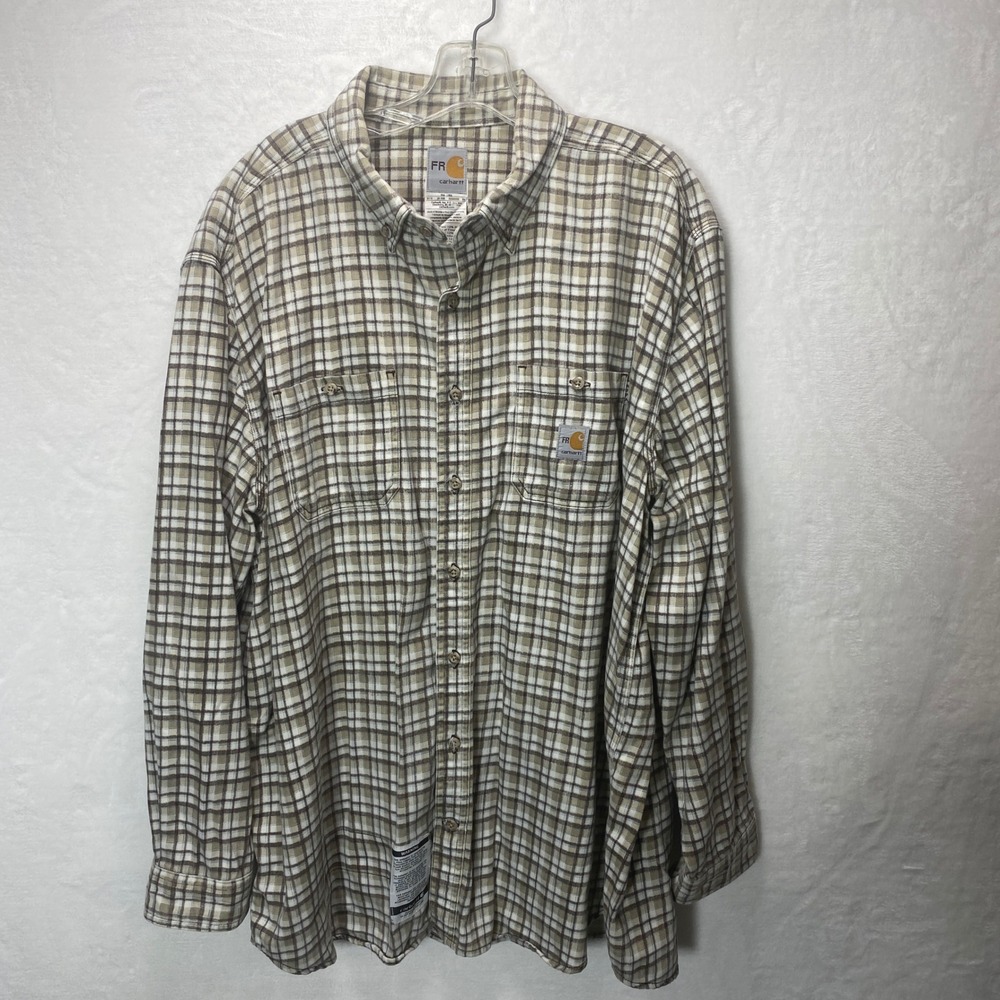 Carhartt FR Mens XXL Plaid Flannel Long Sleeve Button Up Work Shirt